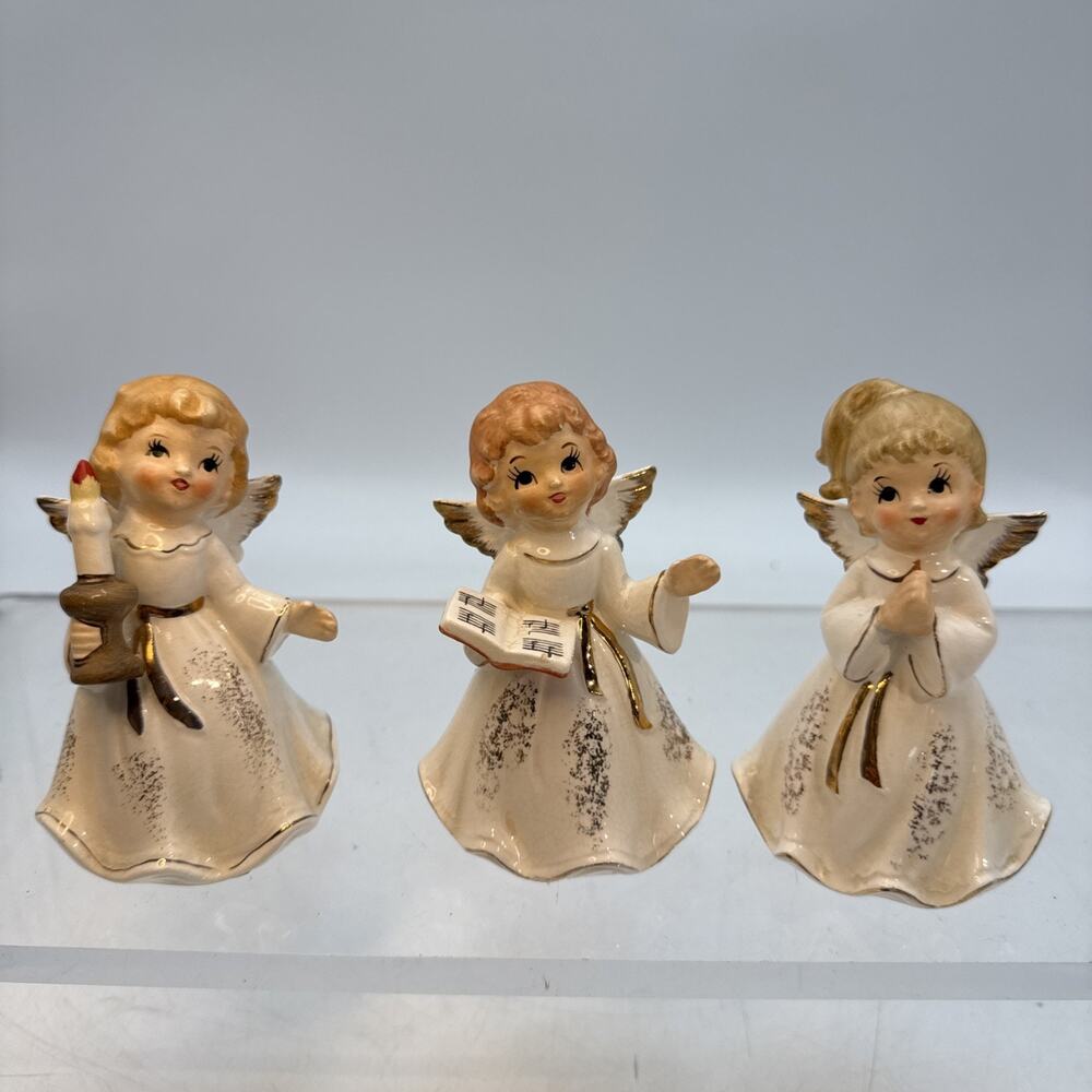 3 Vtg Lefton Angel Figurines Charming Christmas Decor Made In Japan Gold Accents